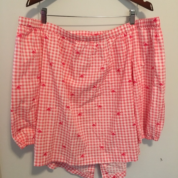 Crown & Ivy Pink Gingham Flamingo Off Shoulder Top XL - Picture 2 of 3